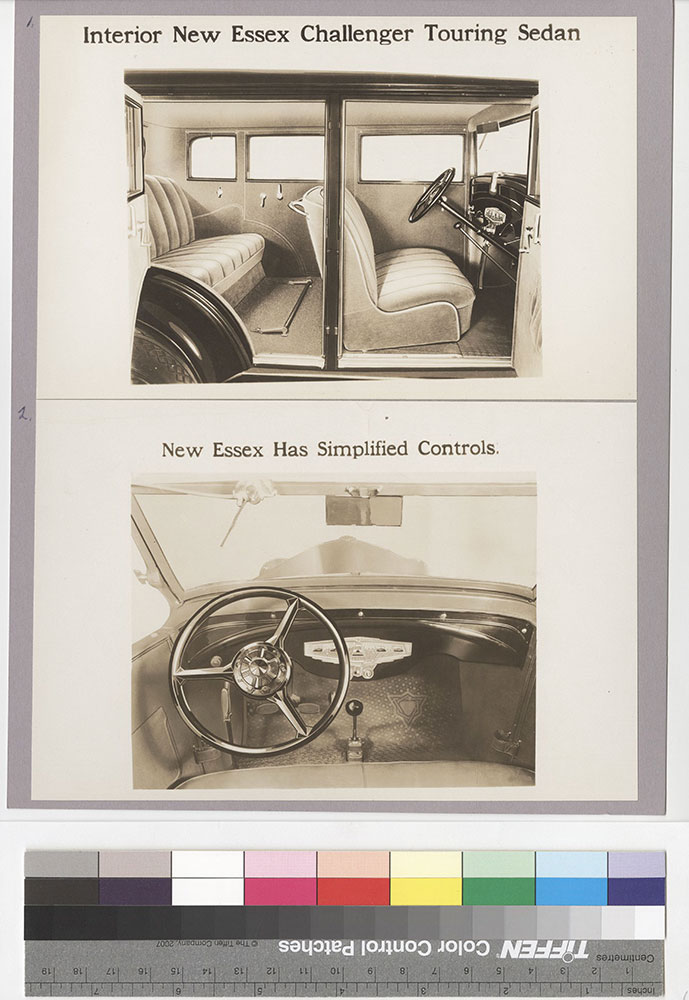 Essex 1930: top, Interior New Essex Challenger Touring Sedan; bottom, New Essex has Simplified Controls