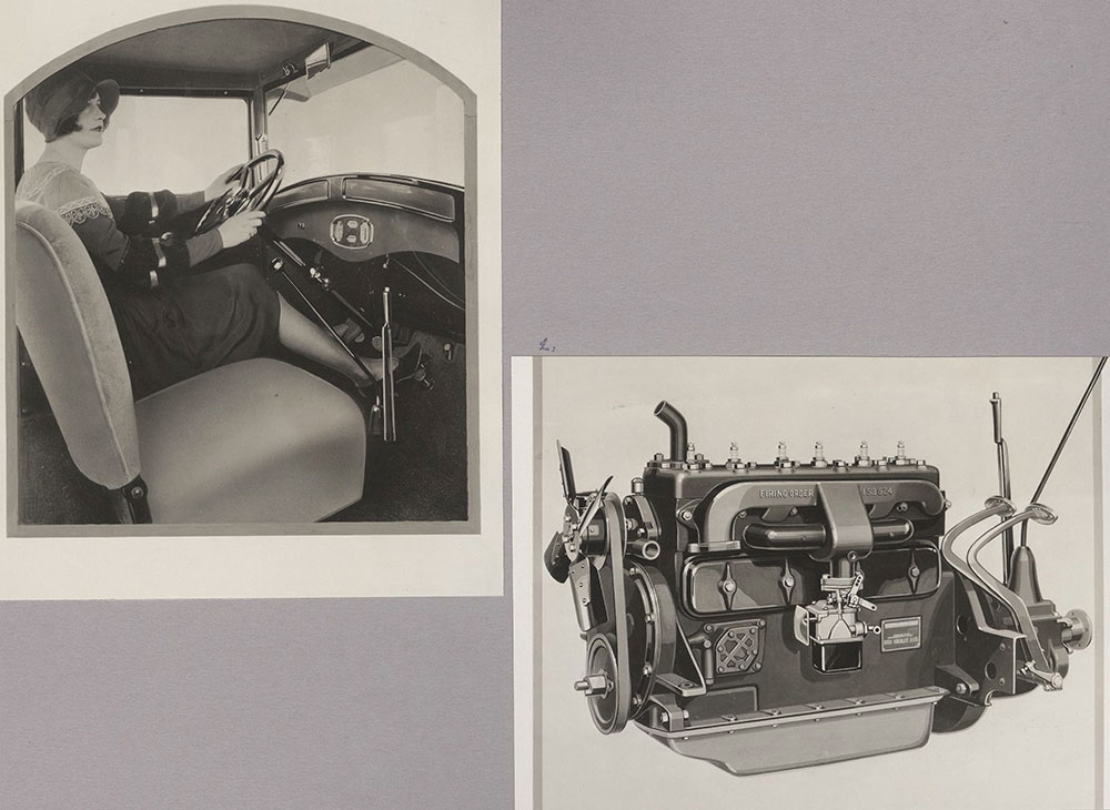 Erskine Six (top left) interior showing instrument board, (bottom right) motor: 1928