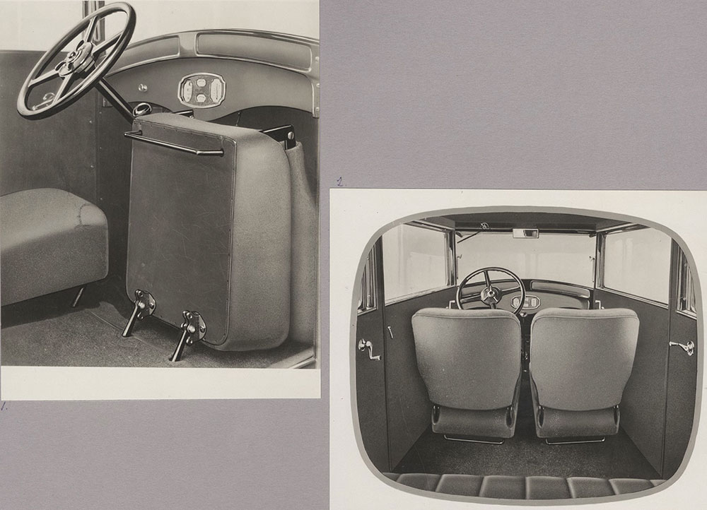 Erskine Six 1928 (1) top left, folding seat in front compartment, (2) bottom right, interior of Club Sedan: 1928