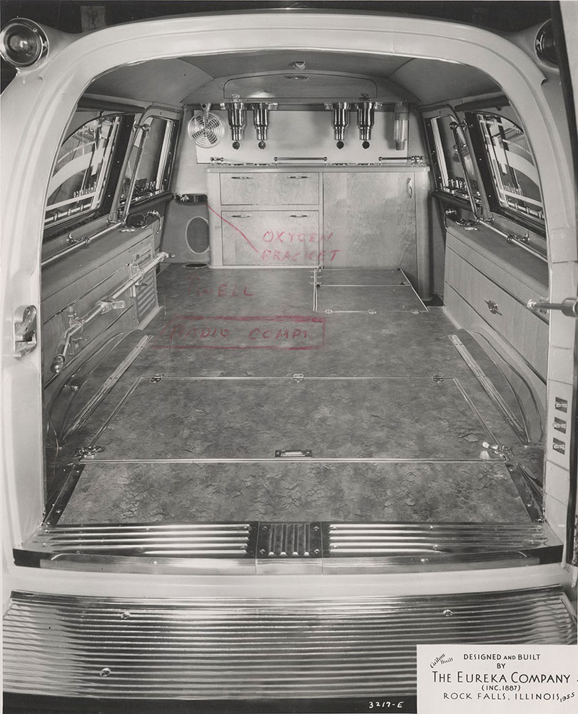 Eureka Company, rear compartment of ambulance, showing oxygen bracket, radio comps.: 1955