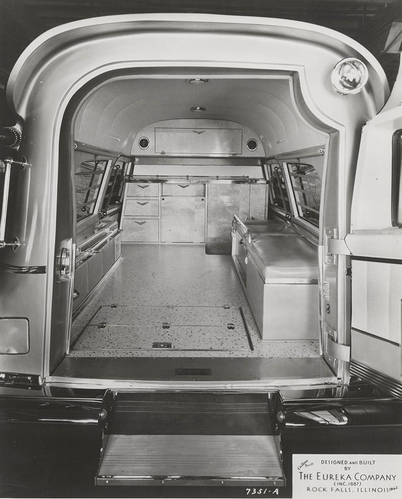 Eureka Company, high roofline limousine ambulance, showing rear compartment: 1962