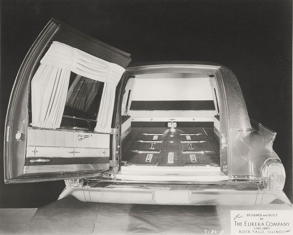 Eureka Company, rear comaprtment of Cadillac funeral car: 1962