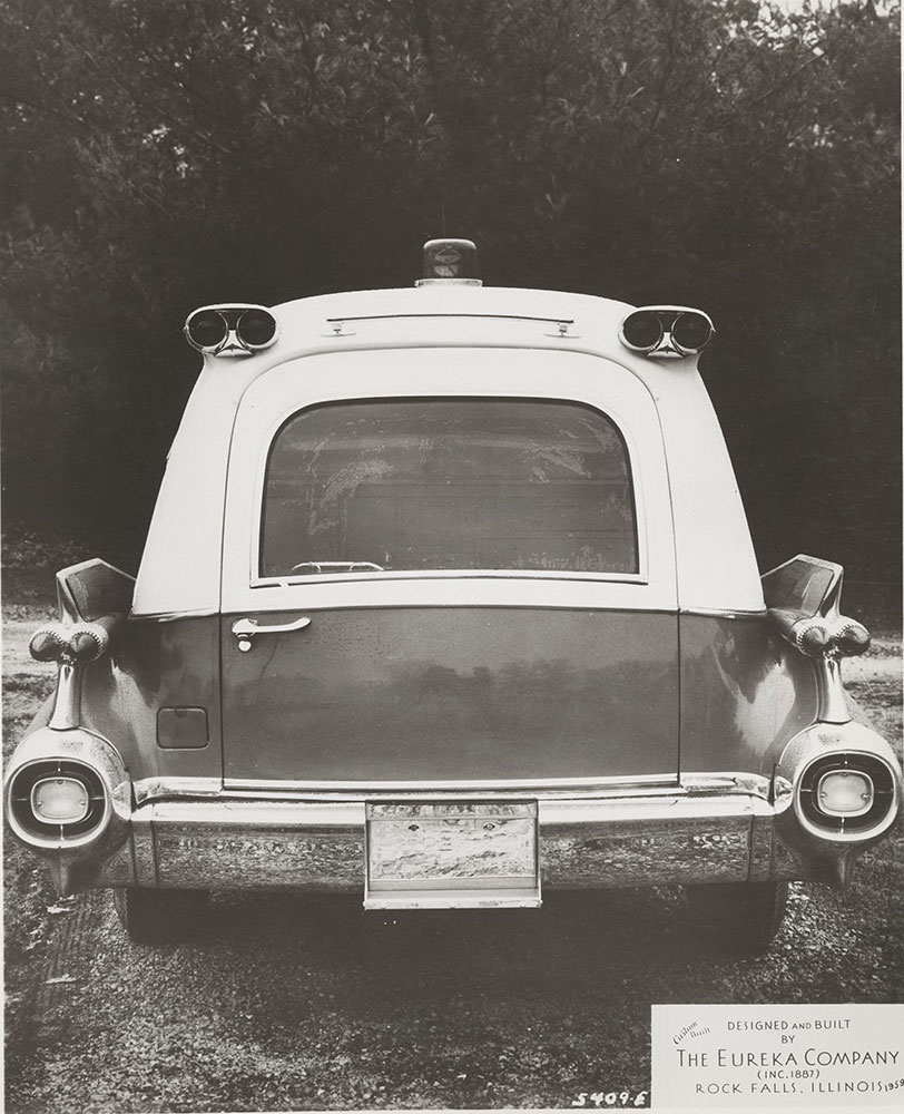 Eureka Company, Cadillac ambulance, rear view: 1959