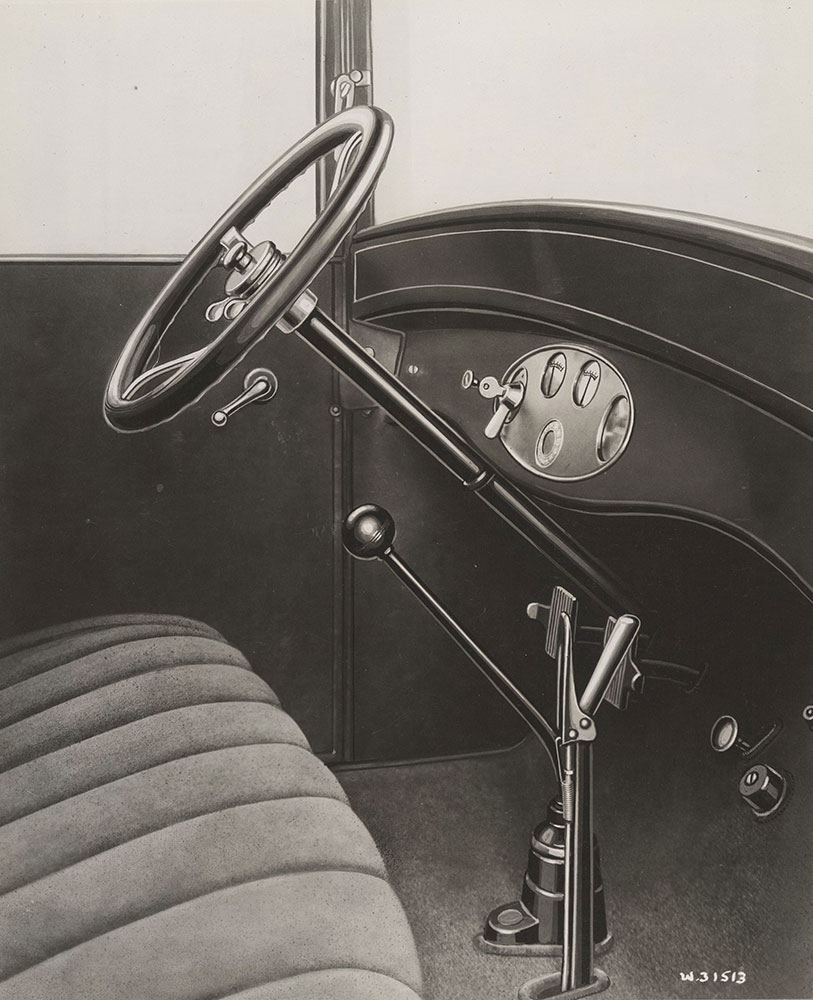 Falcon-Knight, interior showing dash, steering wheel, controls - 1927