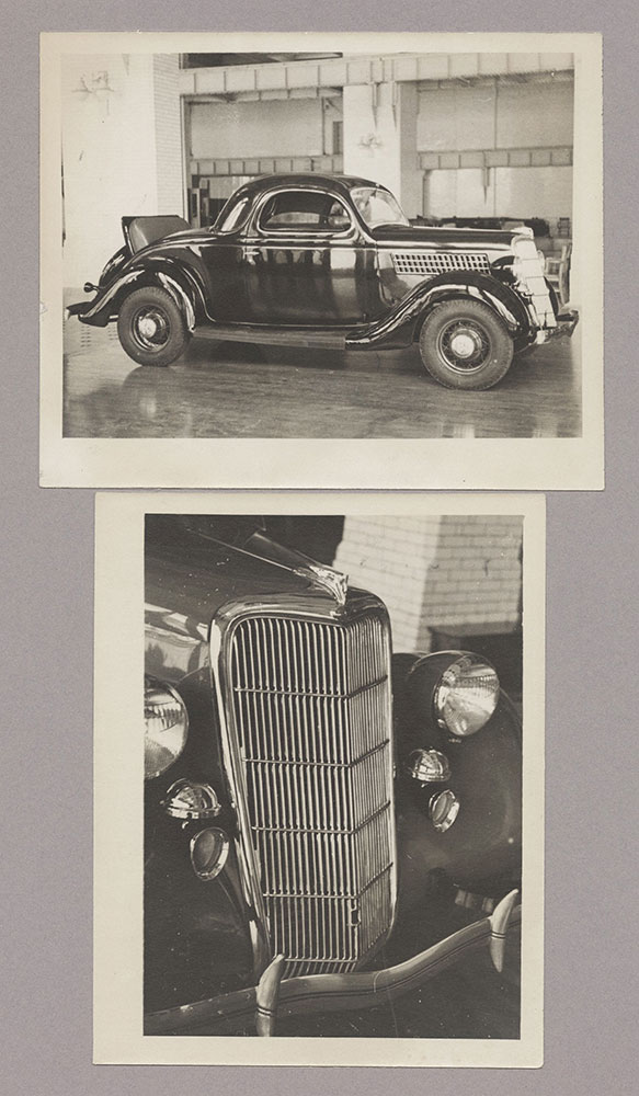 Ford V-8 Deluxe 3-window Coupe, with rumble open (top), detail of Ford V-8 radiator grill (bottom) - 1935