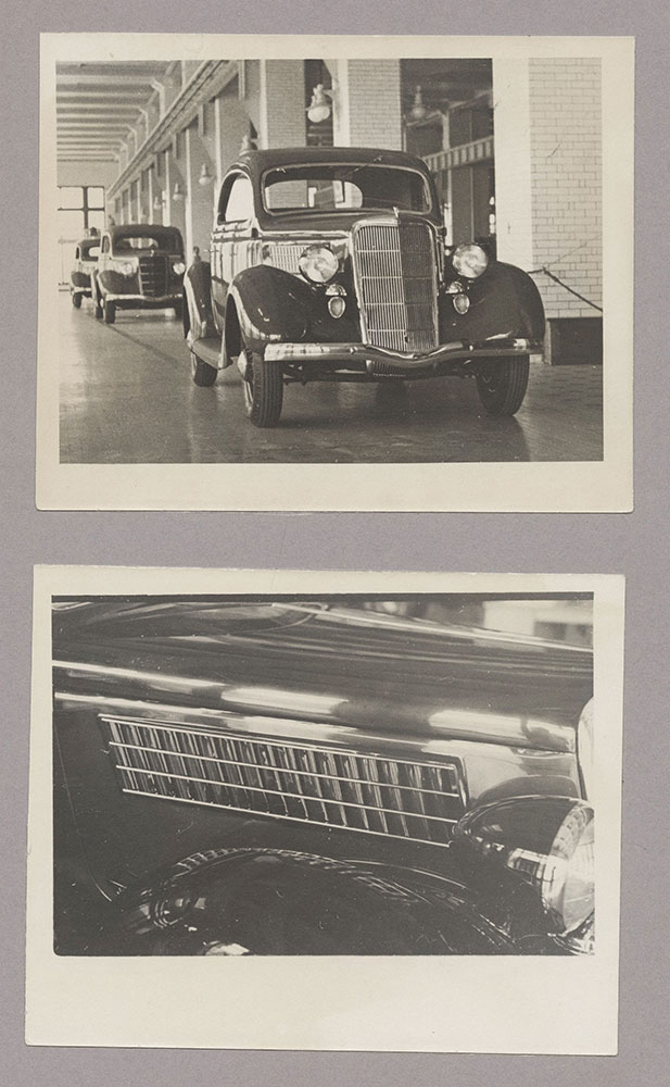 Ford V-8, front view (top), engine louver detail (bottom) - 1935