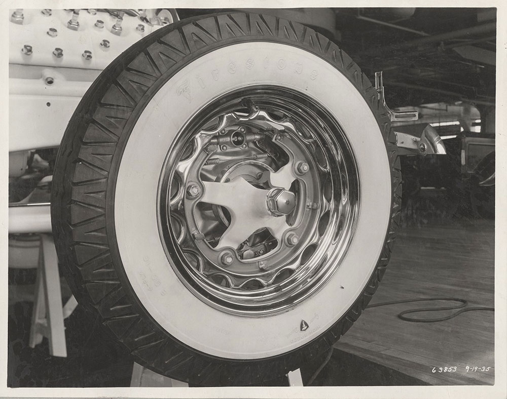 Ford, wheels, close up of brake assembly - 1936
