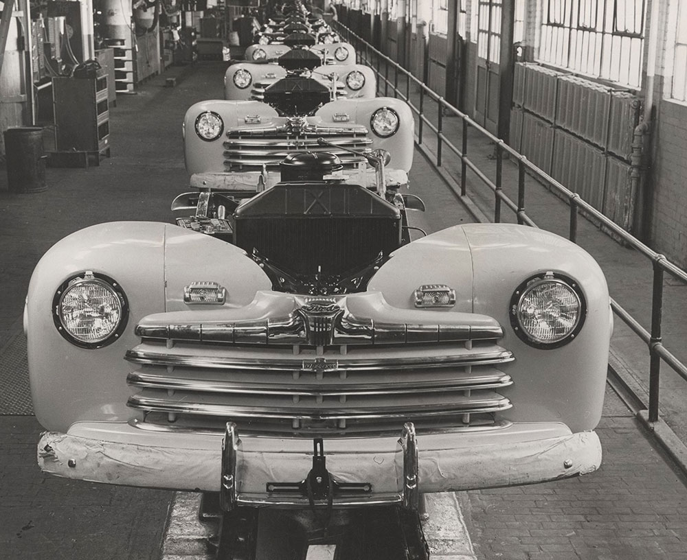Ford Deluxe on final assembly line at Rouge during shutdown - 1946