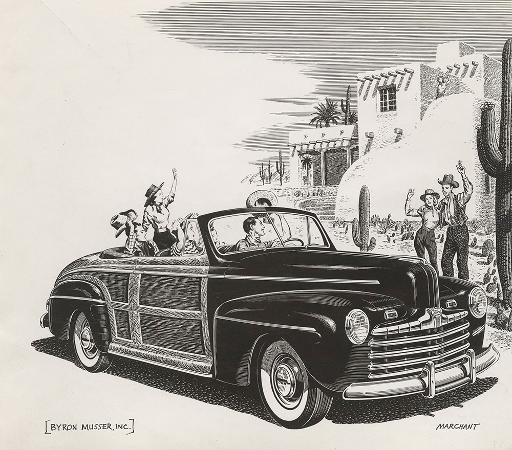 Ford Super Deluxe Sportsman two-door convertible, rendering by Marchant: 1946