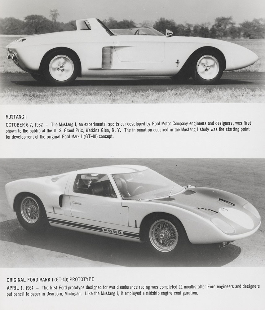 Ford Mustang I Experimental  car (top), 1962:  Ford Mark I (GT-40) Protoype Car, (bottom)- 1964