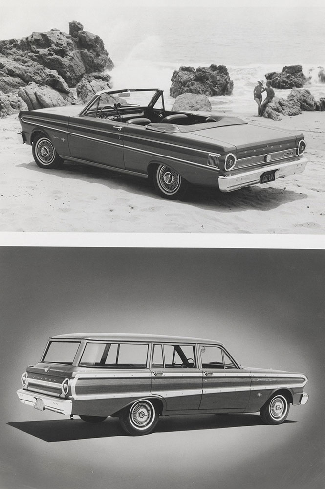 Ford Falcon, two-door Futura Sprint convertible V-8 (top) - 1964: Ford Falcon Squire station wagon (bottom) - 1964