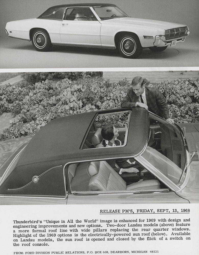 Ford Thunderbird two-door Landau (top), featuring electrically powered sun roof (bottom) - 1969