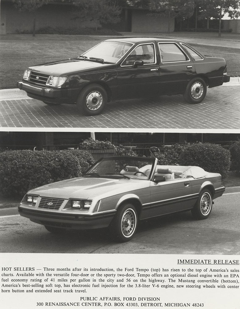 Ford Tempo L sedan (top), Ford Mustang convertible (below) - 1984