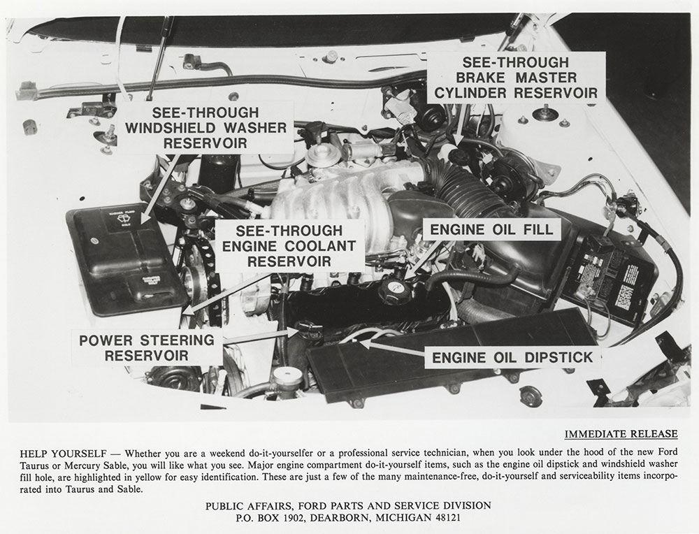 Ford under hood, Taurus or Mercury Sable - 1986