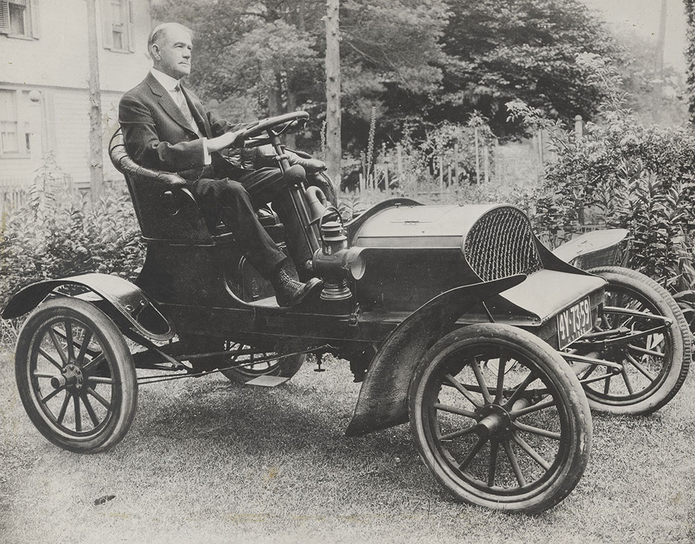 First Franklin car with four cylinder air-cooled engine mounted transversely across the frame in front. - 1903