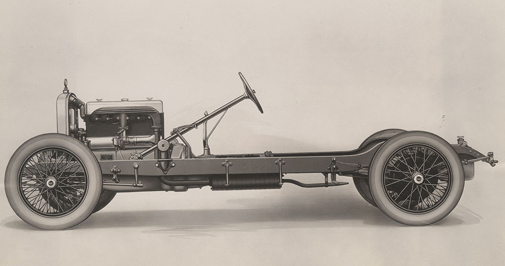 H.C.S. Series IV, six cylinder chassis, left side view, showing carburetor and manifolds. - 1923