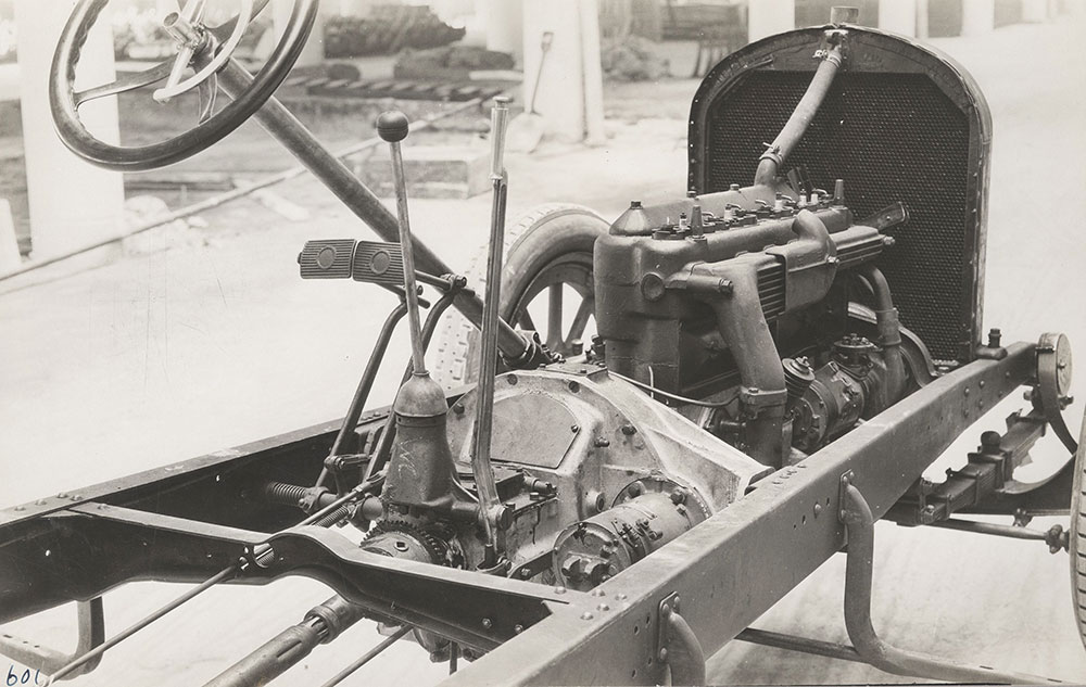 Haynes chassis, Model 47, showing pedals, gear shift, engine - 1920