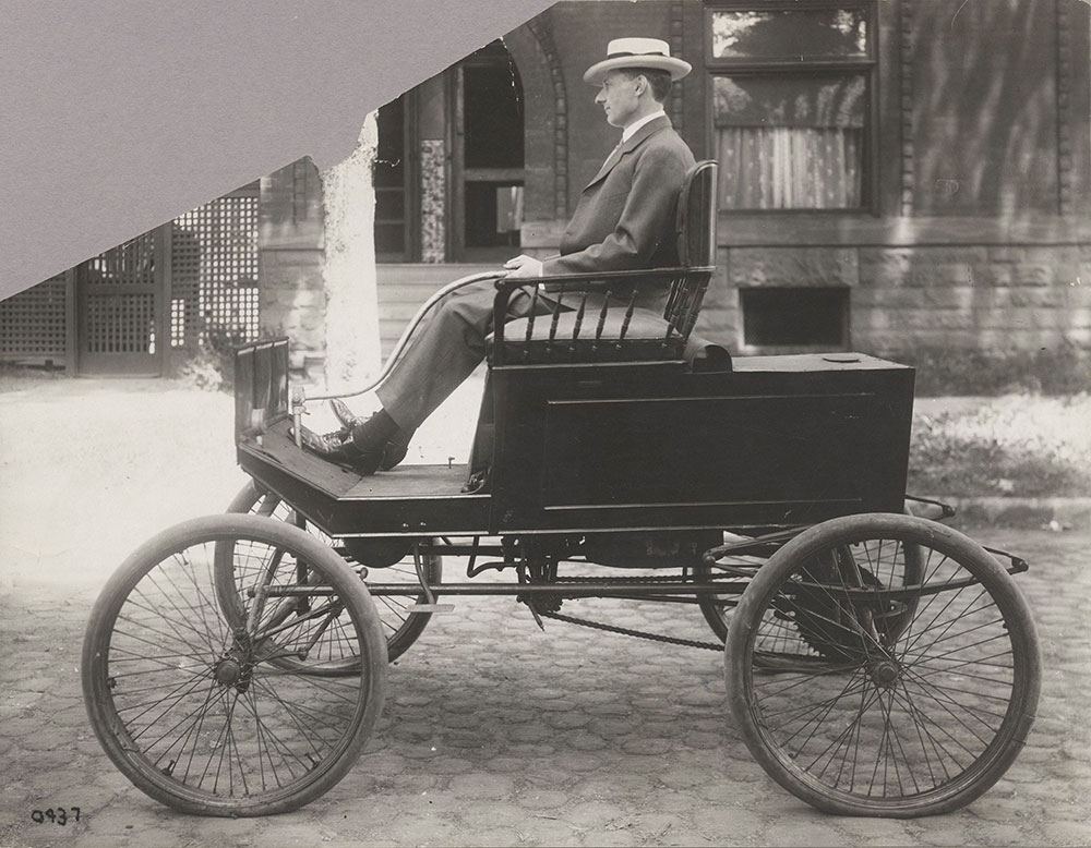 H.E. Coffin, Hudson Motor Car Co., in his first car, possibly an Oldsmobile Straight Dash (1906) - 1915