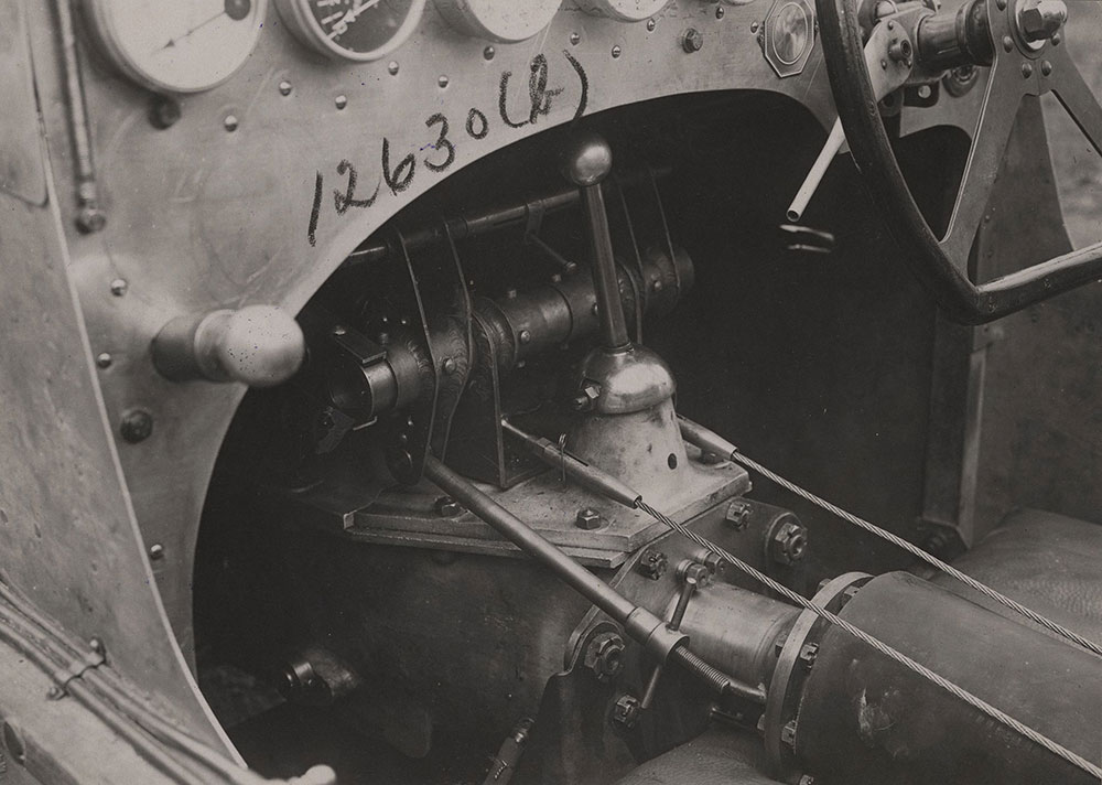 Rear view of Voisin gearbox, showing change speed lever and brake gear