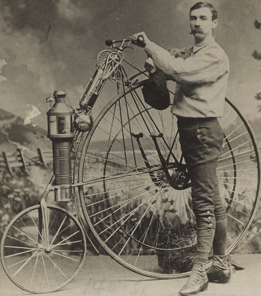 Copeland and his steam bicycle - Mid-1880's