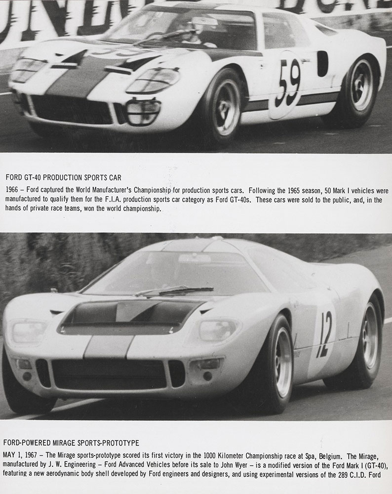Ford GT-40 production sports car - 1966 (upper): Ford-powered Mirage sports-prototype - 1967 (lower)
