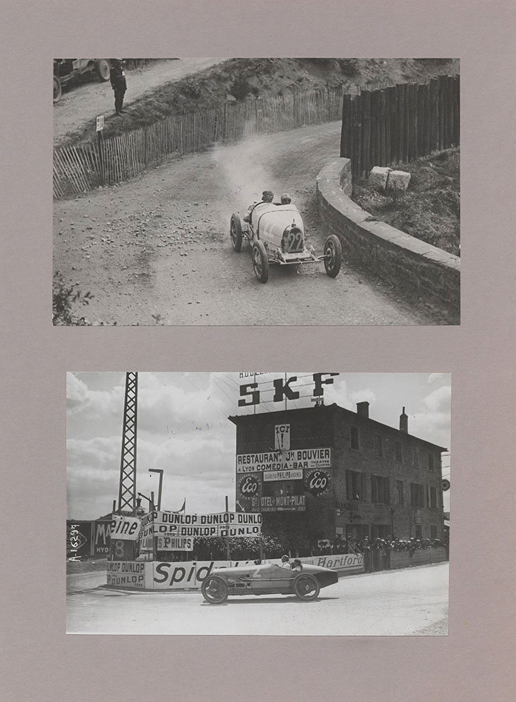 Upper: Bugatti in European Grand Prix - 1924 - Lower: Divo on hairpin turn, in a Delage, Grand Prix of Europe (speed) - 1924
