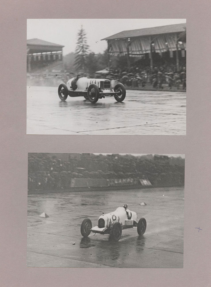 Upper: Peter Kreis driving Earl Cooper's car in rain in 1927 European Grand Prix on Monza track, near Milan - Lower: George Souders on Duesenberg running in 1927 European Grand Prix at Monza