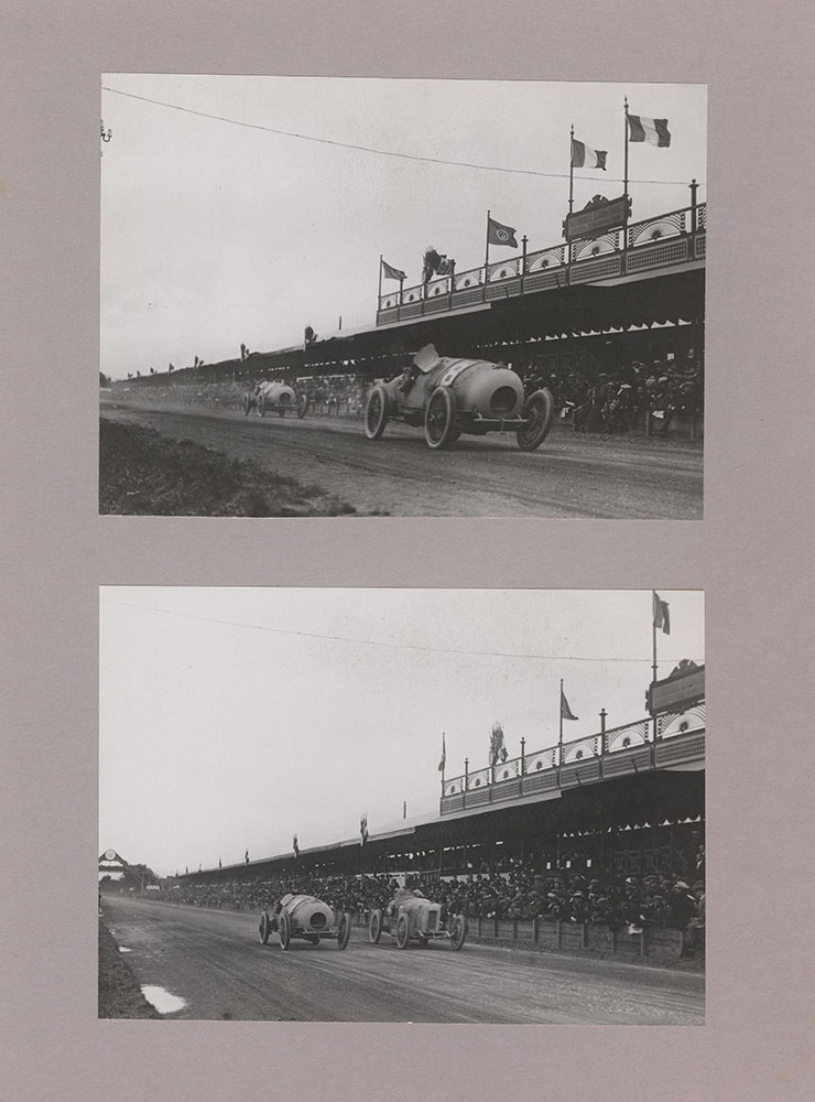Upper: Two Bugattis passing stands, Grand prix de l'A.C.F. - 1922 - Lower: Biagio Nazzaro (Fiat) passing Viscaya (Bugatti) in front of grand stands, Grand Prix de l'A.C.F. - 1922