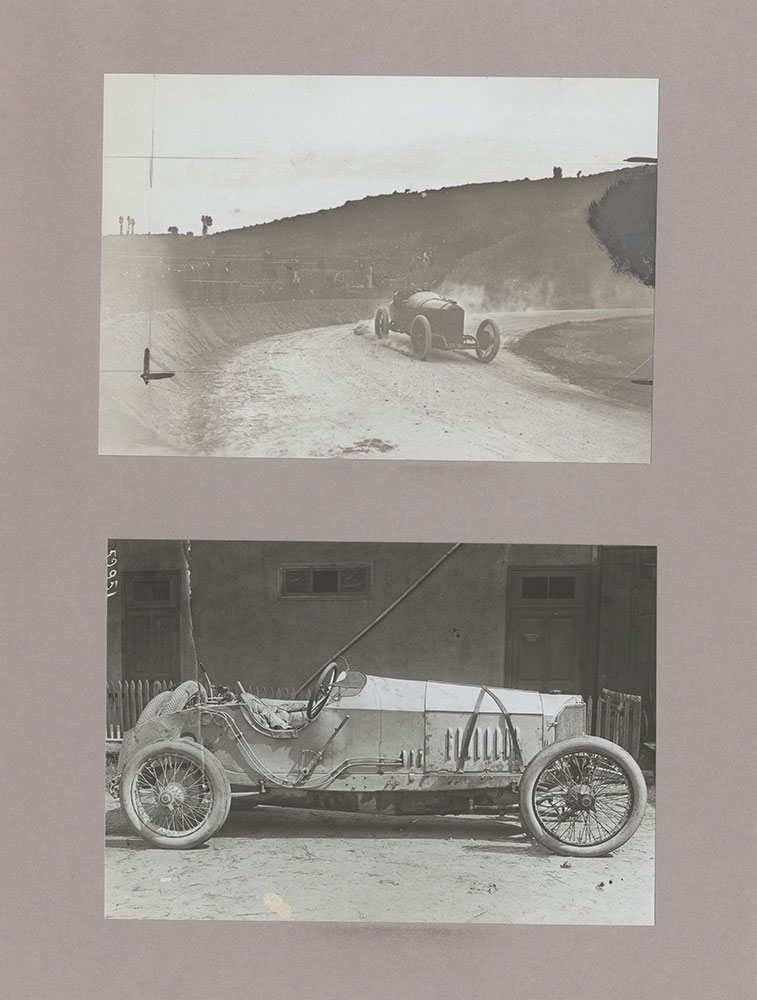 Upper: Boillot doing early morning practice on winding descent to grandstands - 1914 - Lower: Mercedes Grand Prix car - 1914