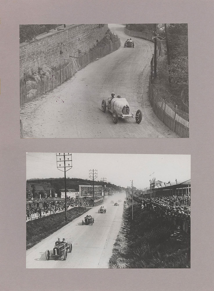 Upper: Friedrich on Bugatti chased by Wagner on Alfa Romeo, Grand Prix of Europe - 1924 - Lower: Start of European Grand Prix - 1924