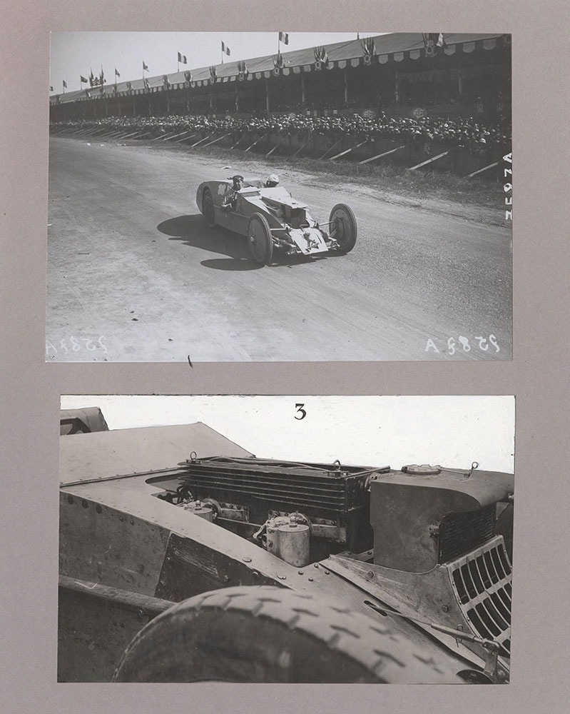 Upper: Arthur Duray on Voisin, Grand Prix - 1923 - Lower: Hood removed, showing Knight engine used on Voisin racing car.