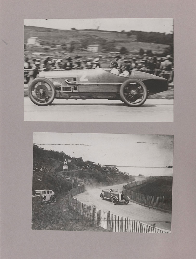 Upper: Benoist, Delage at speed, Grand Prix of Europe - 1924 - Lower: Peugeot in Touring Grand Prix - 1924