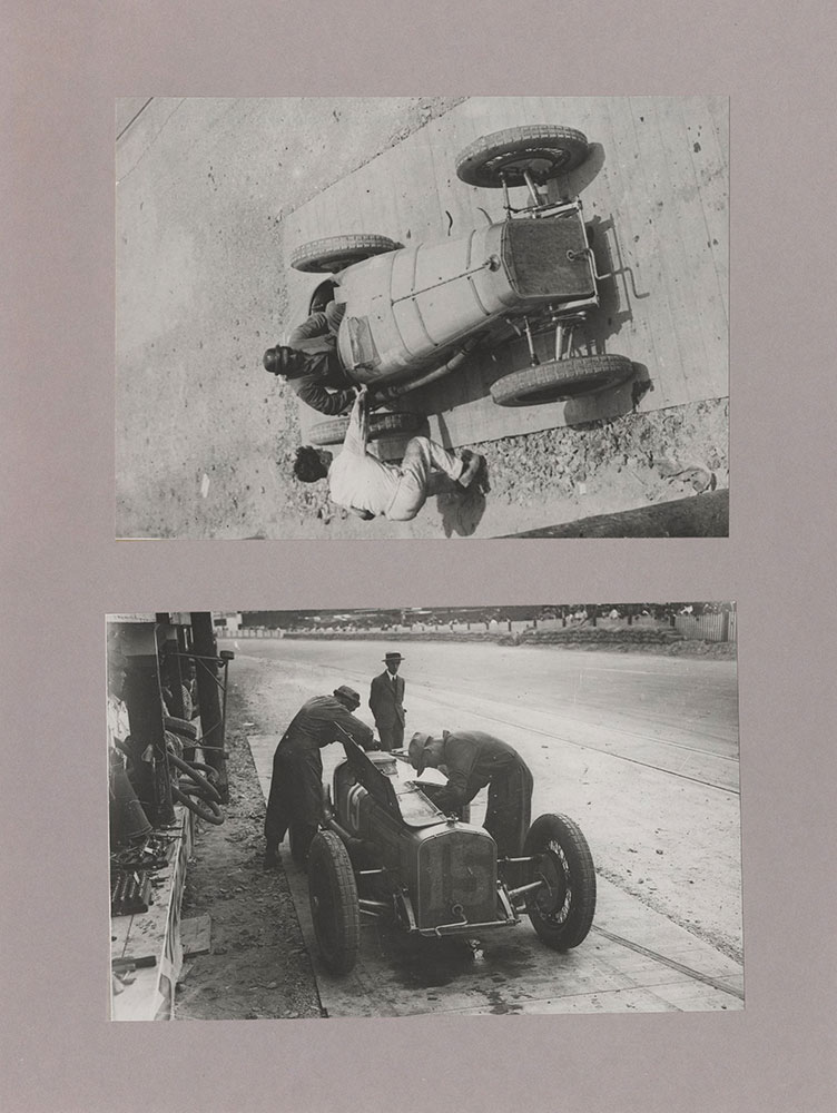 Upper: Robert Senechal starting on Delage in European Grand Prix, San Sebastian, Spain - 1926 - Lower: Robert Senechal taking over Bourlier's Delage, after that drivers collapse - 1926