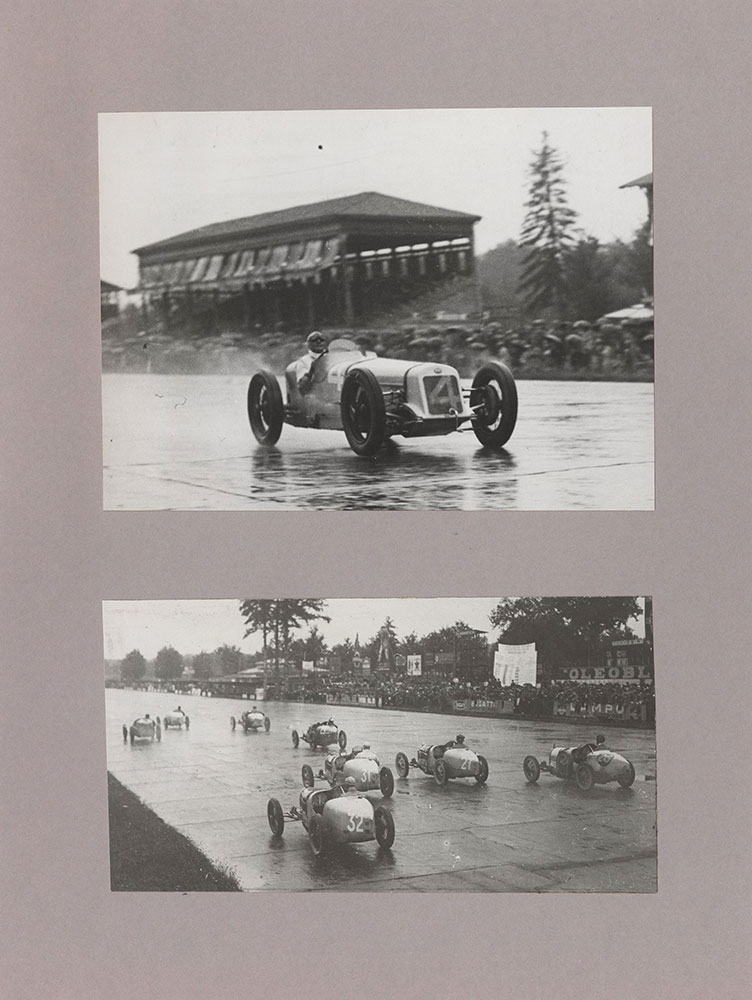 Upper: Robert Benoist driving straight eight Delage in 1927 European Grand Prix at Monza, Italy - 1927 - Lower: Start of Milan Grand Prix. Bugatti is leading, followed by Alfa Romeo and Bordino on Fiat - 1927