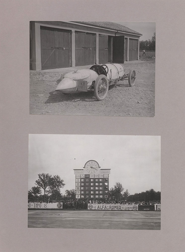 Upper: Rear end of 122 inch Heim, Grand Prix Monza - 1922 - Lower: Italian Grand Prix, score board with clock showing time of leader - 1922