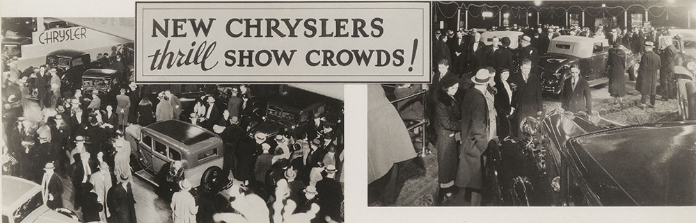New Chryslers thrill show crowds 1932: Cleveland Auto Show - left, Ballroom at Chicago - right