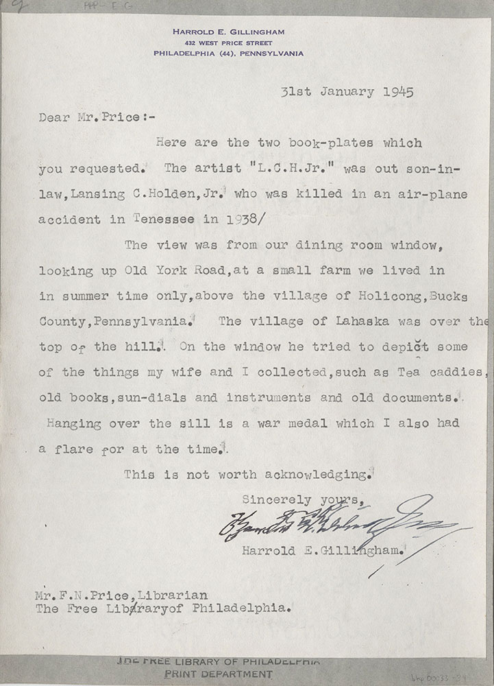Letter from Harrold Edgar Gillingham to F. N. Price