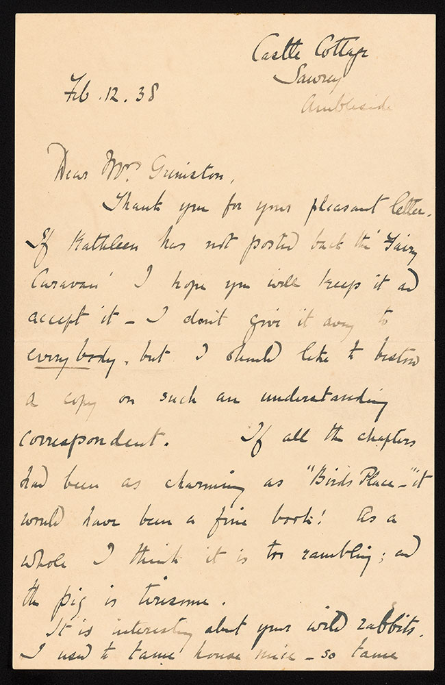 Autograph letter signed, to Mrs. M. C. Grimston
