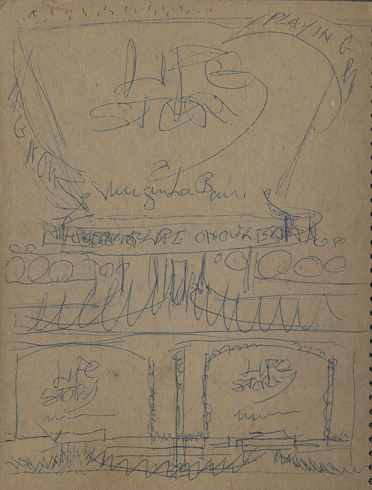 Back cover, verso, of green sketchbook for Life Story