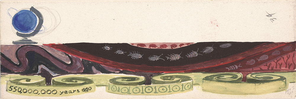 Sketch of red decorative band featuring trilobites, for Life Story