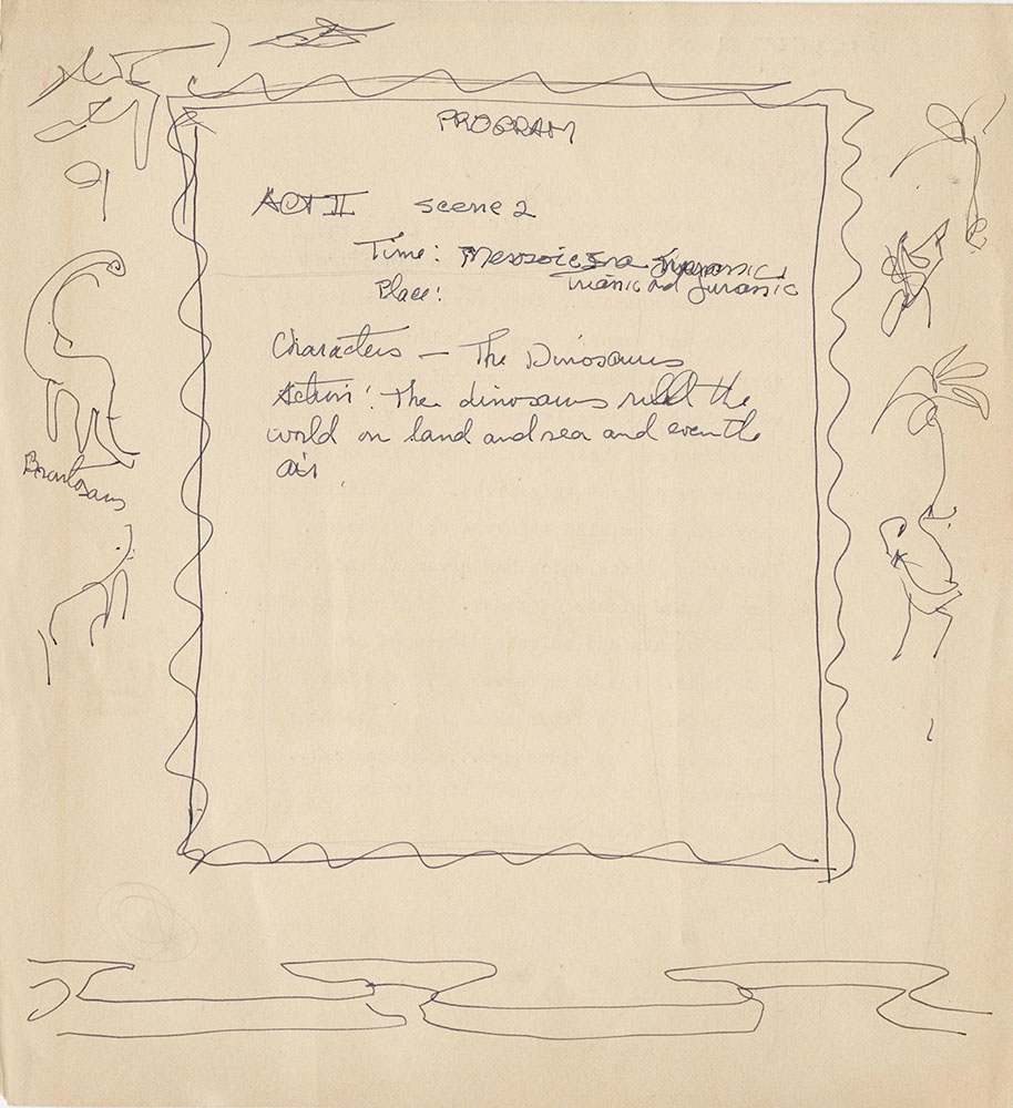 Manuscript and sketch for Life Story, Act II, Scene 2