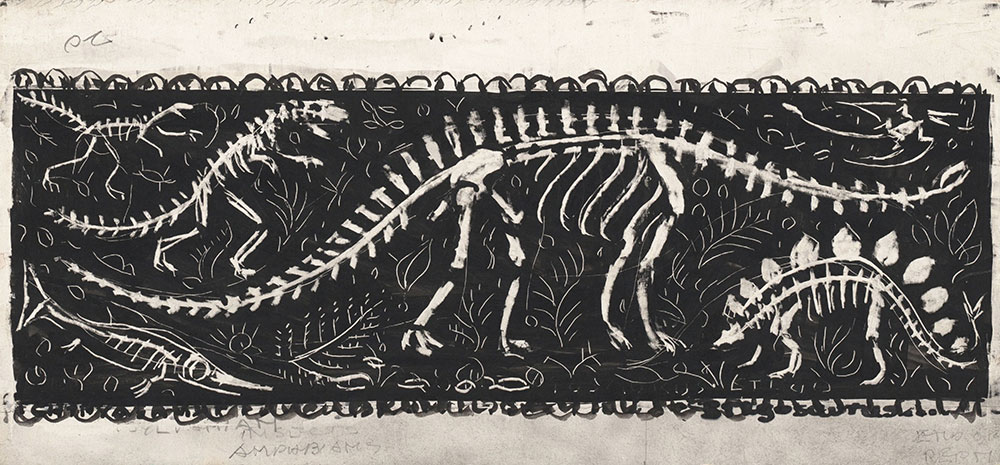 Preliminary art of dinosaur skeletons, for Life Story