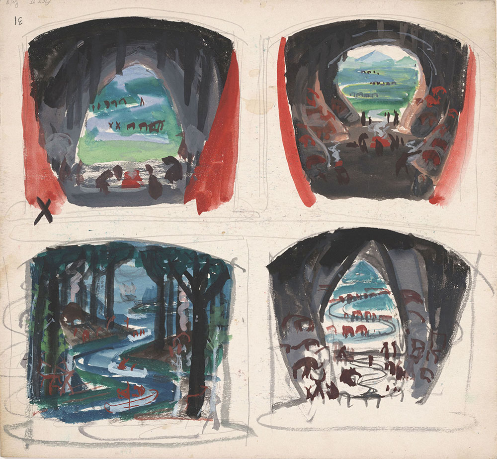 Preliminary art of scenes from Act IV, for Life Story