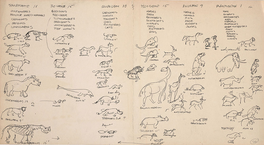 Preliminary art of animals arranged by epoch, for Life Story