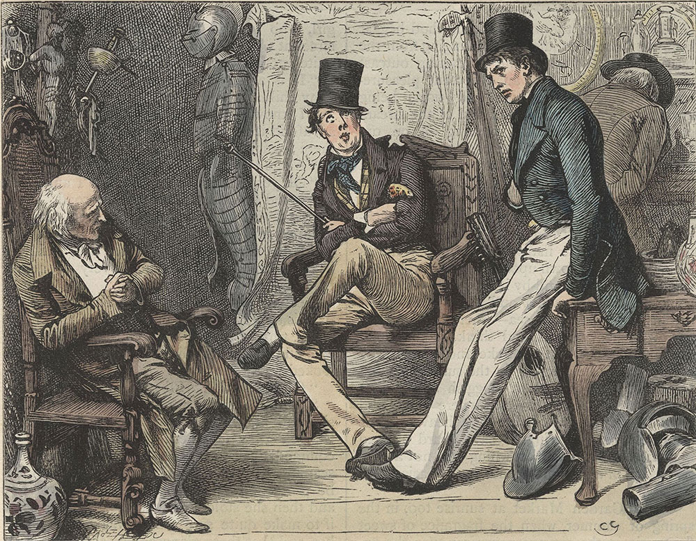 Illustrations to Old Curiosity Shop--The old man sat himself down in a chair, and, with folded hands, looked sometimes at his grandson and sometimes at his strange companion