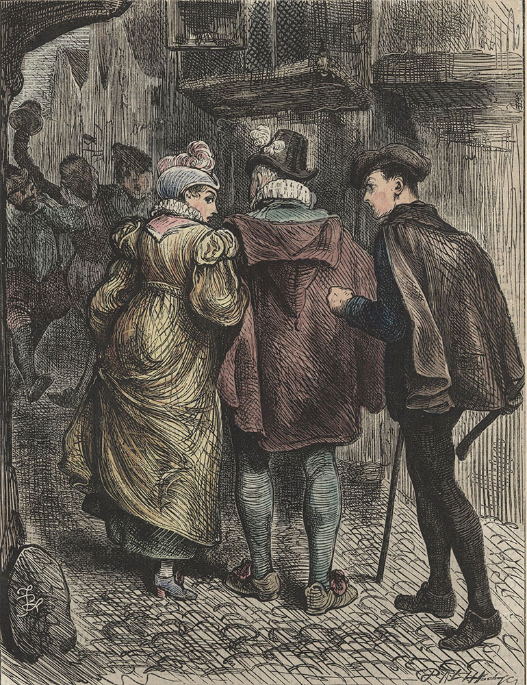 Illustrations to Old Curiosity Shop--At such times, or when the shouts of straggling brawlers met her ear, the Bowyer’s daughter would look timidly back at Hugh, beseeching him to draw nearer.