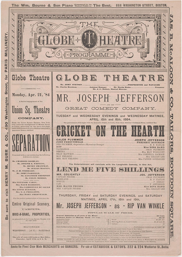 Playbill, The Cricket on The Hearth , Globe Theatre, Boston