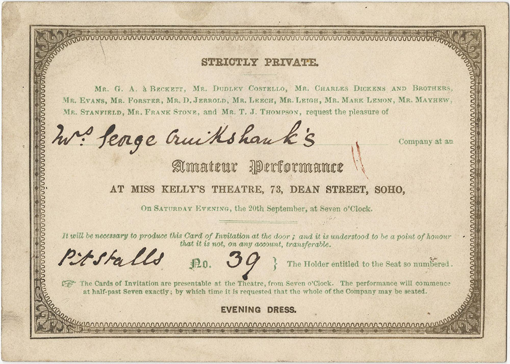 Printed invitation signed to an amateur performance at Miss Kelly's Theatre