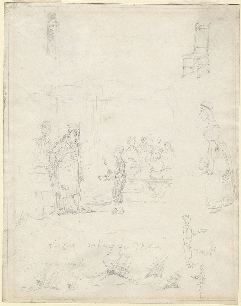 Preliminary sketch of a scene from Dickens's Oliver Twist