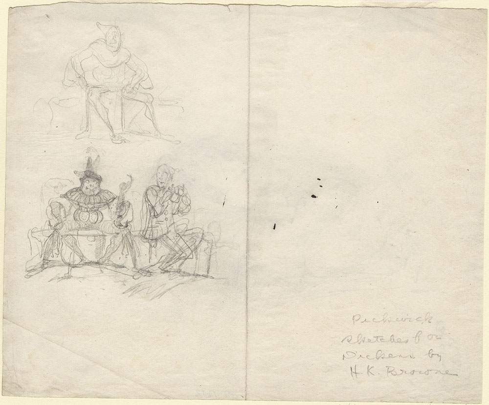 Preliminary sketches of a scene from Dickens's Pickwick papers